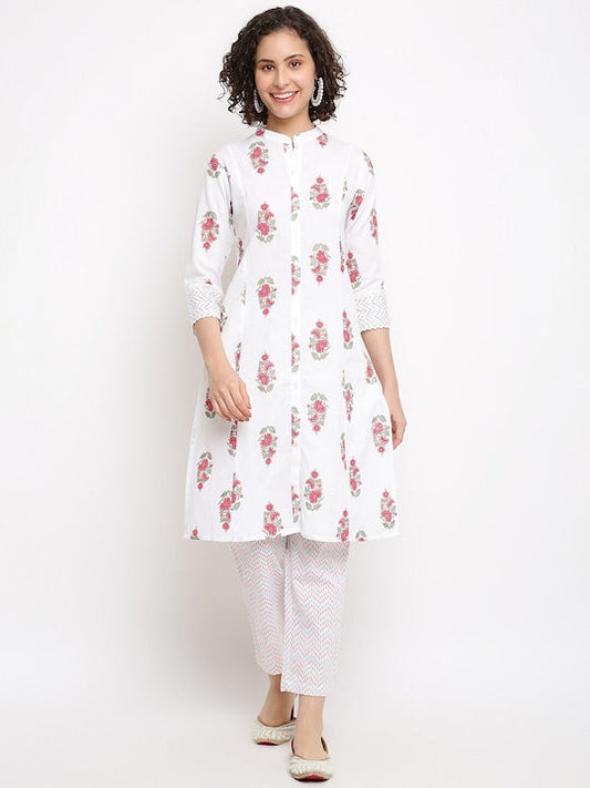 IMARA Floral Printed Mandarin Collar Lace Inserts Pure Cotton Kurta with Trousers