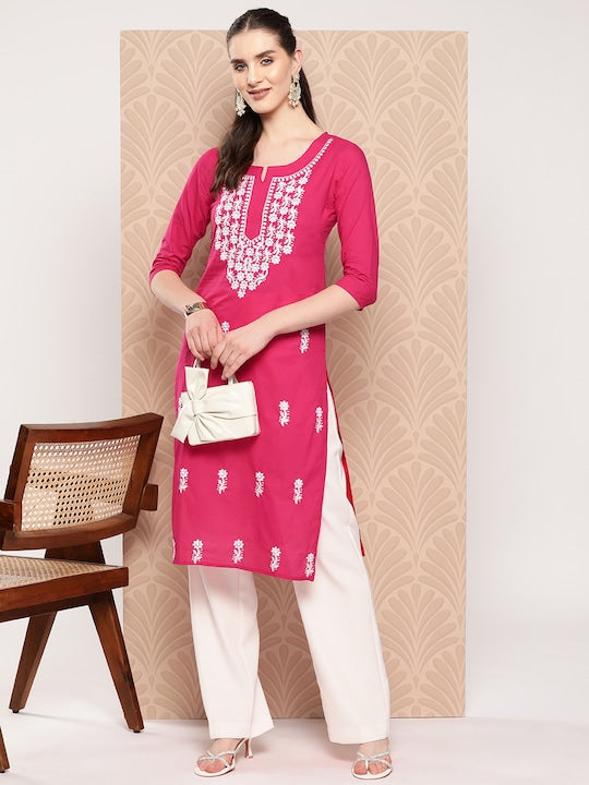 Yufta Floral Embroidered Chikankari Pure Cotton Kurta
