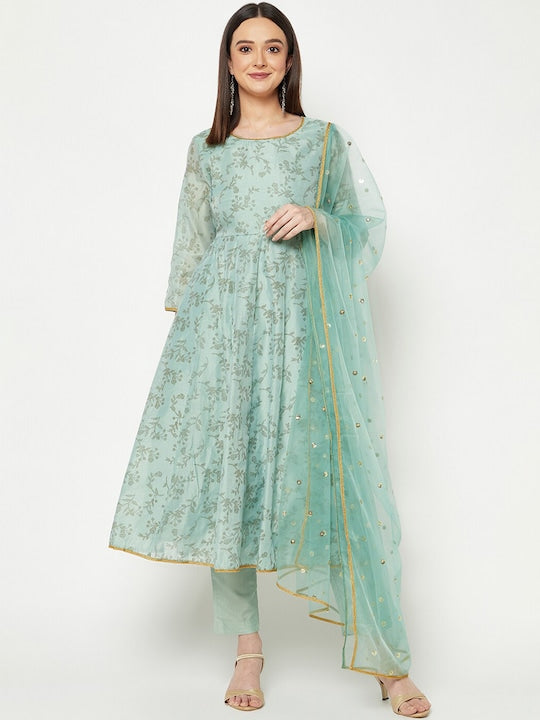 IMARA Floral Printed Embroidered Sequinned Anarkali Kurta with Churidar & Dupatta