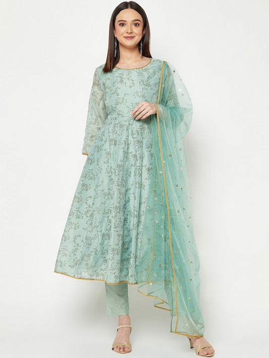IMARA Floral Printed Embroidered Sequinned Anarkali Kurta with Churidar & Dupatta