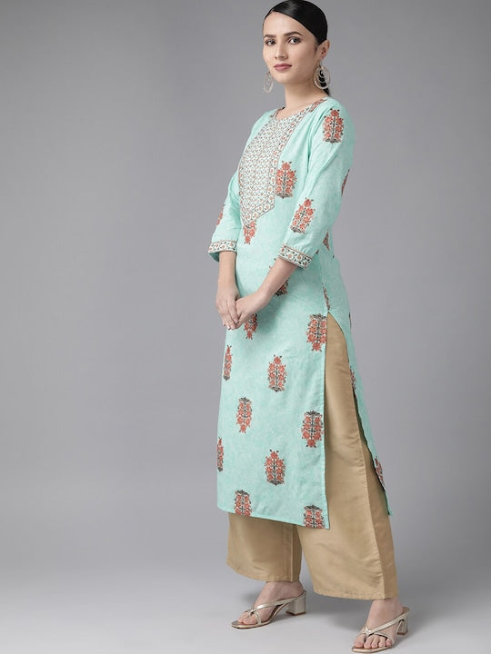 Yufta Women Floral Printed Thread Work Pure Cotton Kurta