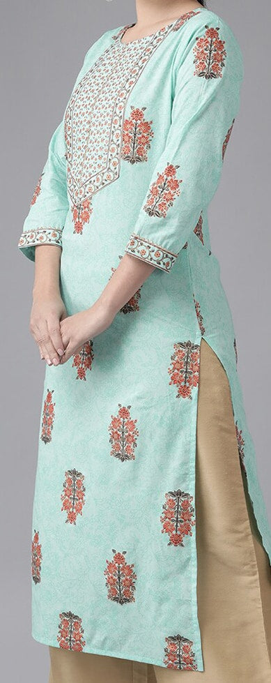 Yufta Women Floral Printed Thread Work Pure Cotton Kurta