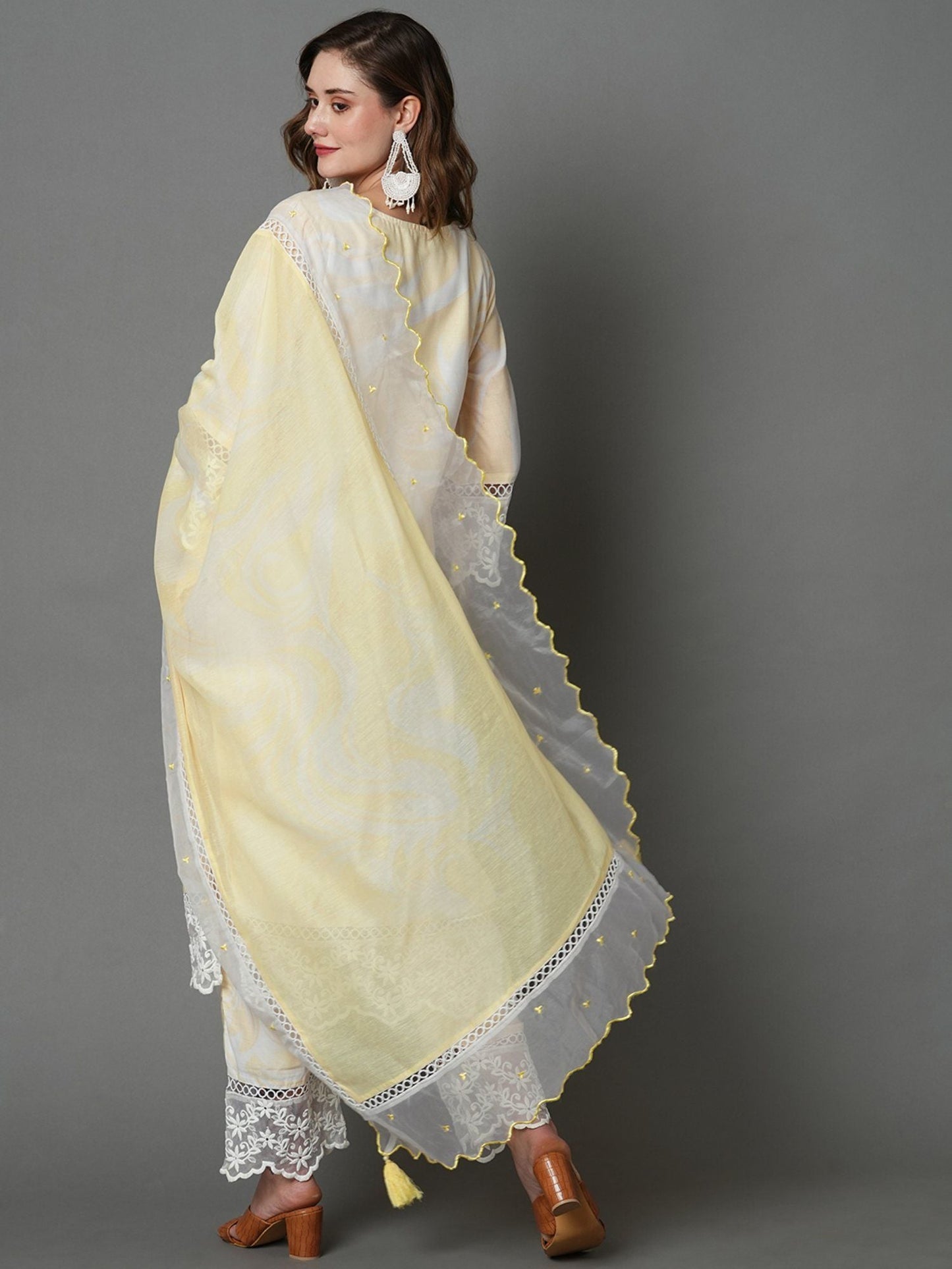 Heeposh Beautiful Marbel Print Kurta with Detailing & Printed Chanderi Dupatta (Set of 3)