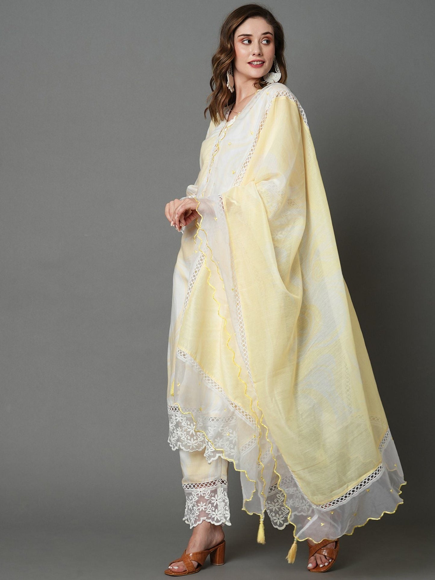 Heeposh Beautiful Marbel Print Kurta with Detailing & Printed Chanderi Dupatta (Set of 3)