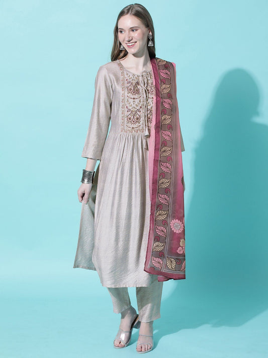 Heeposh Women Embroidered Straight Kurta with Doriya Printed Dupatta (Set of 3)