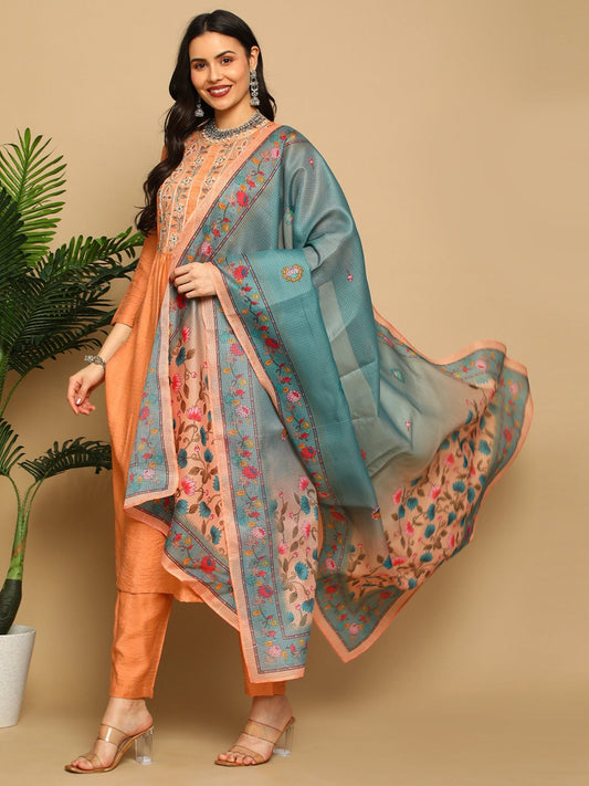 Heeposh Women Embroidered Straight Kurta with Doriya Printed Dupatta (Set of 3)