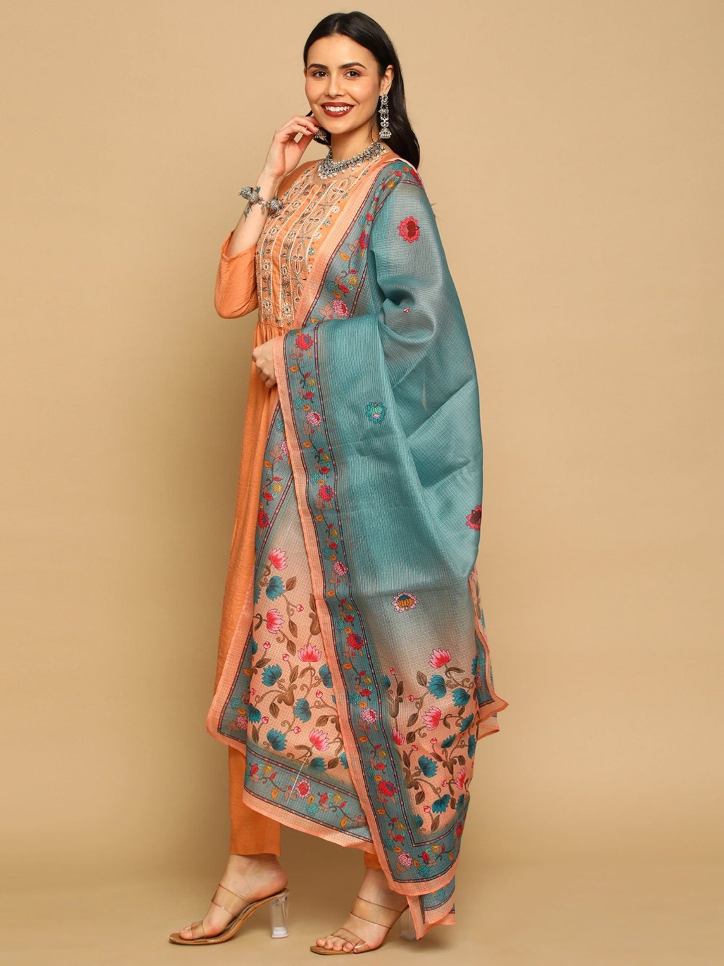 Heeposh Women Embroidered Straight Kurta with Doriya Printed Dupatta (Set of 3)