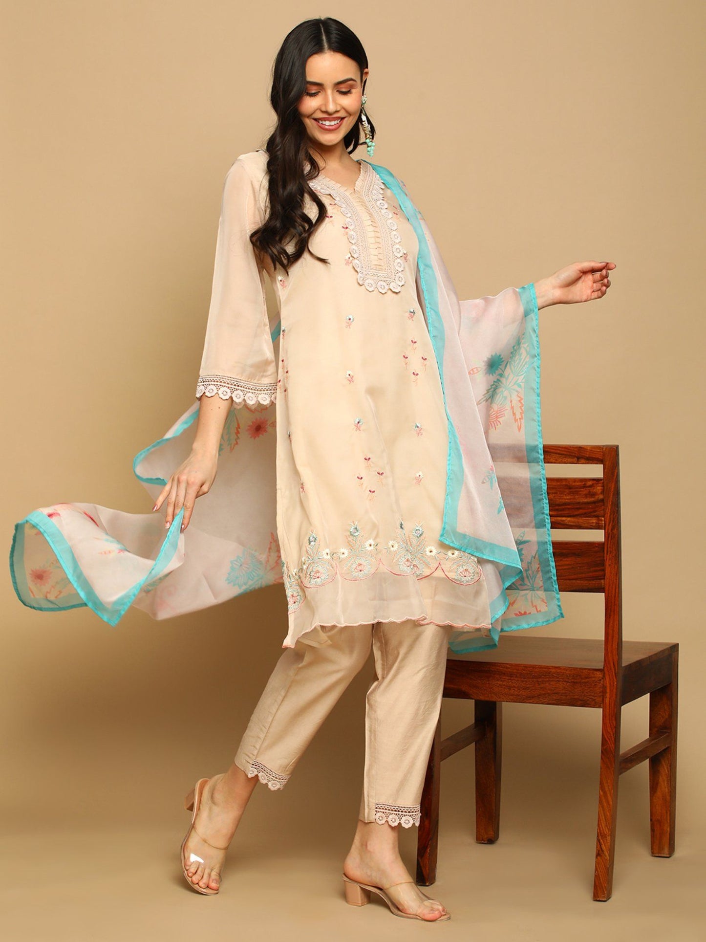 Heeposh Women A-Line Hand Work Kurta with Printed Dupatta (Set of 3)