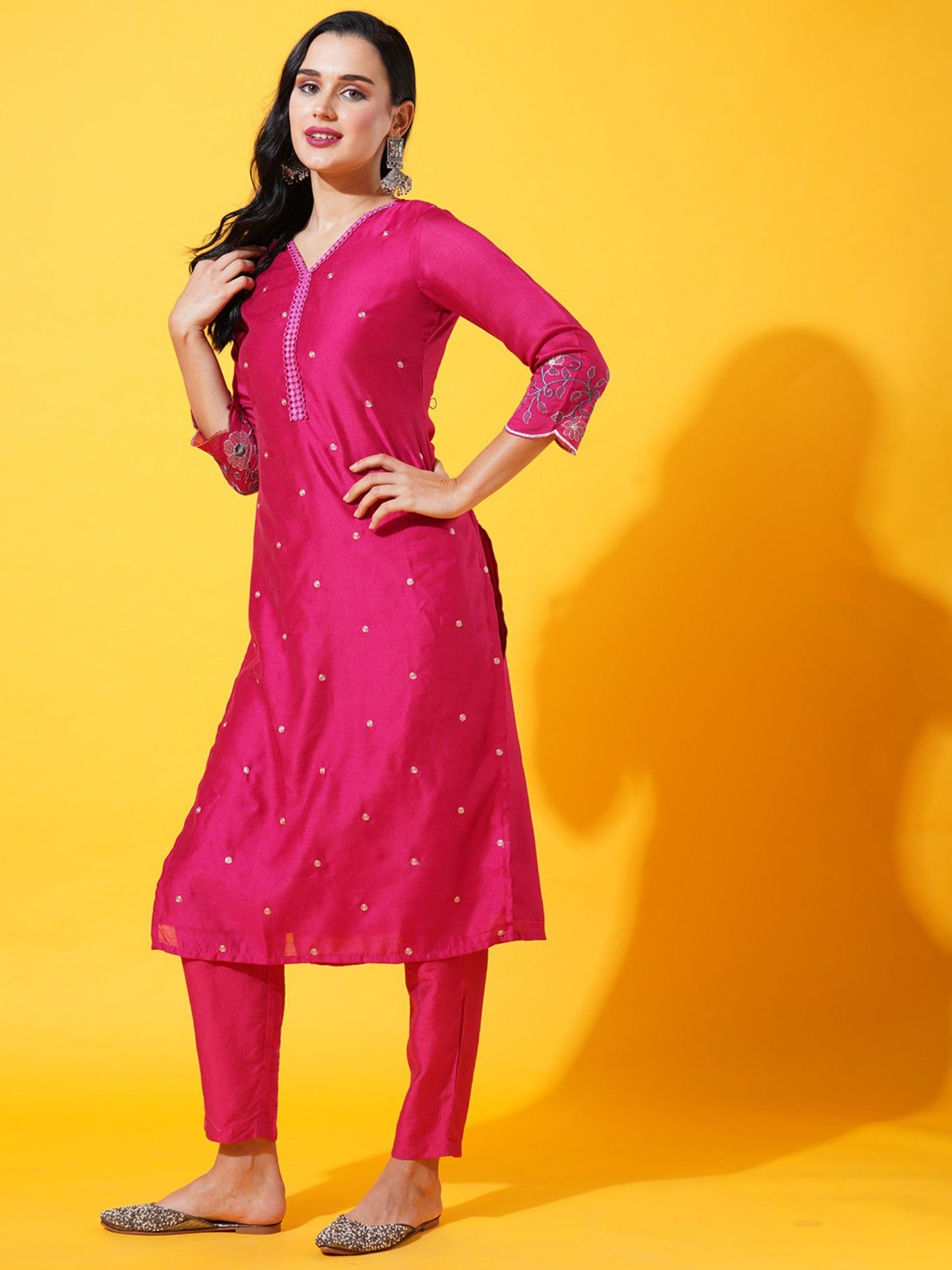 Heeposh Women Chanderi Silk Kurta with Organza Embroidered Dupatta (Set of 3)