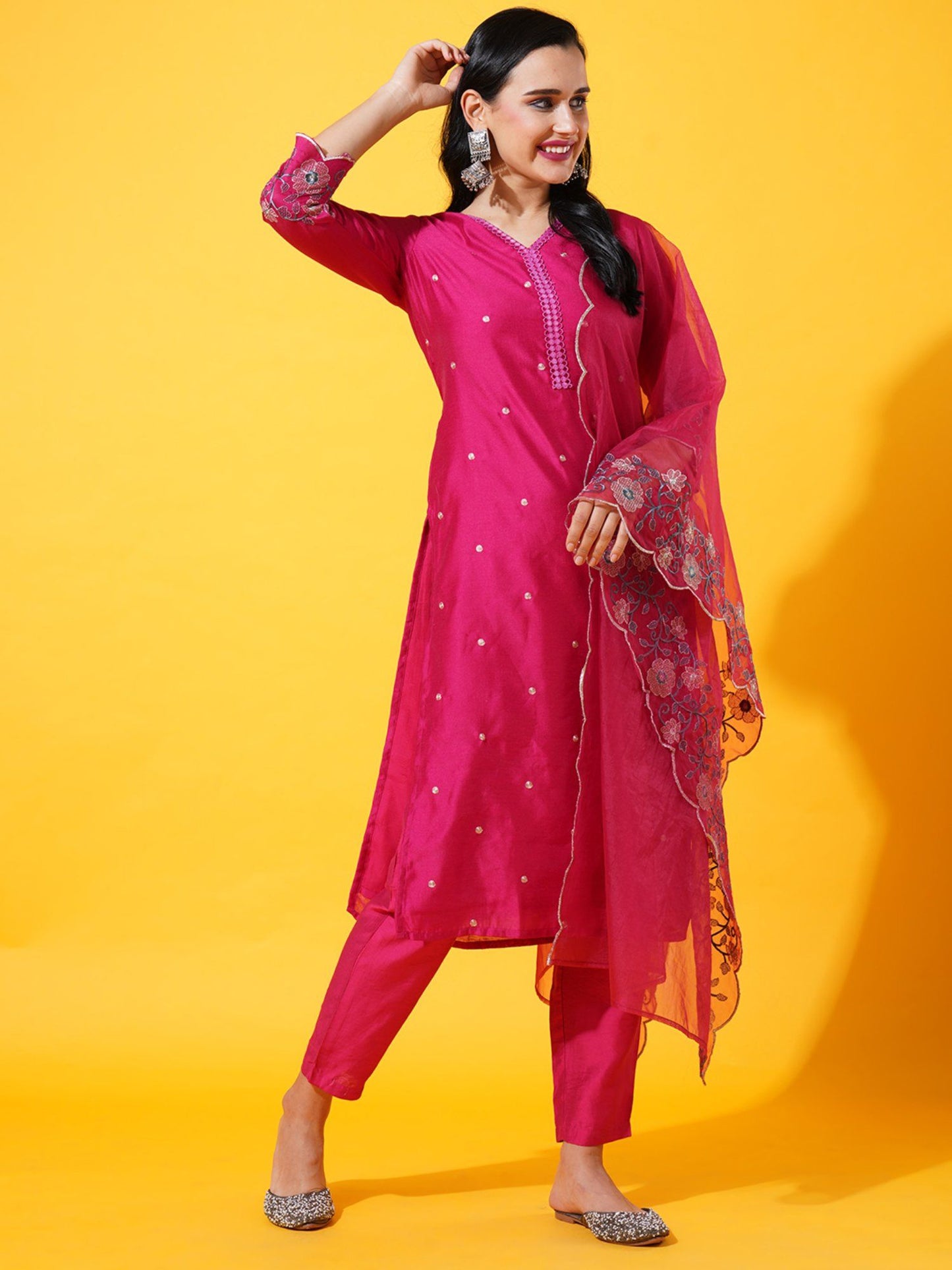 Heeposh Women Chanderi Silk Kurta with Organza Embroidered Dupatta (Set of 3)