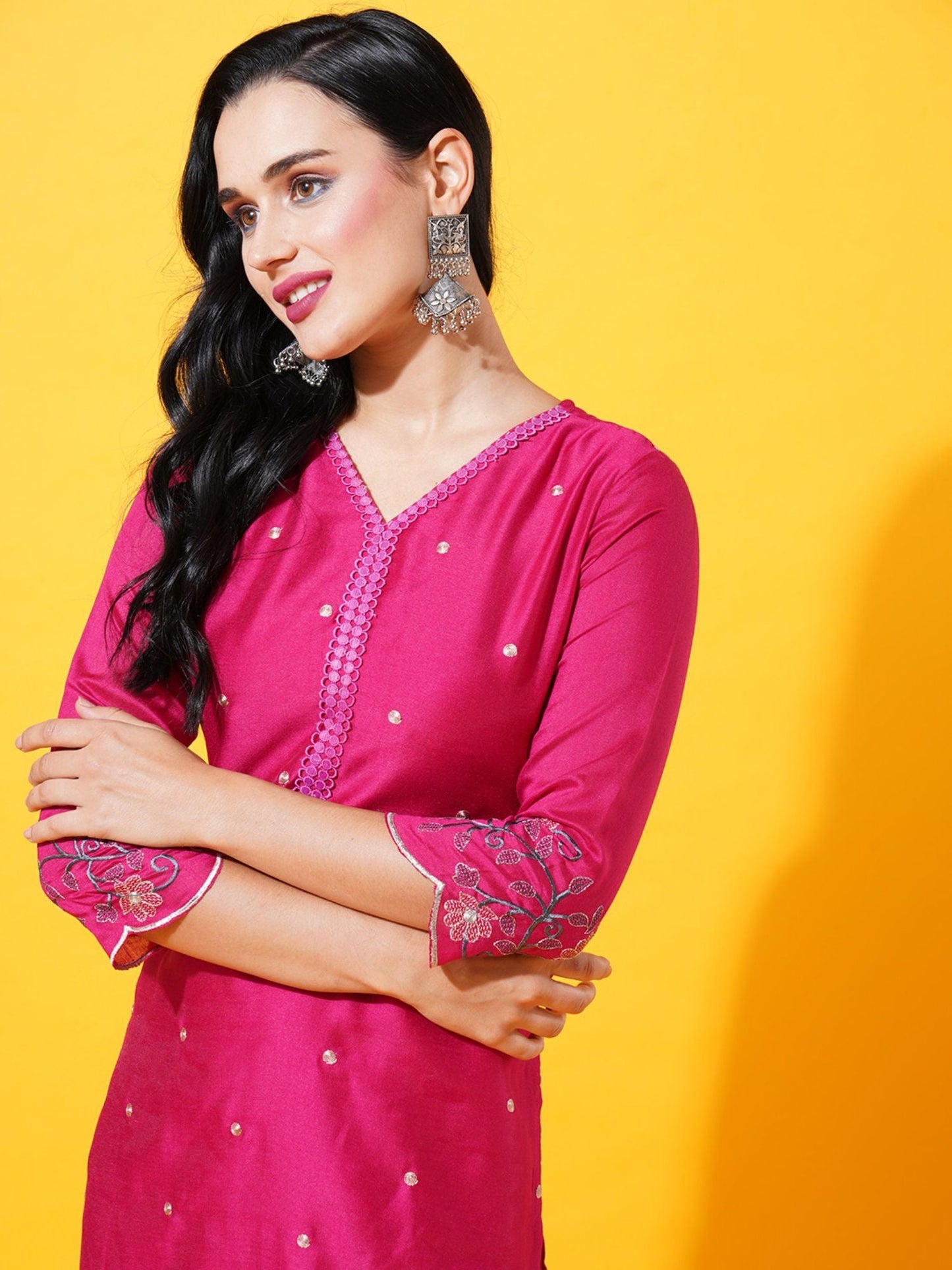 Heeposh Women Chanderi Silk Kurta with Organza Embroidered Dupatta (Set of 3)