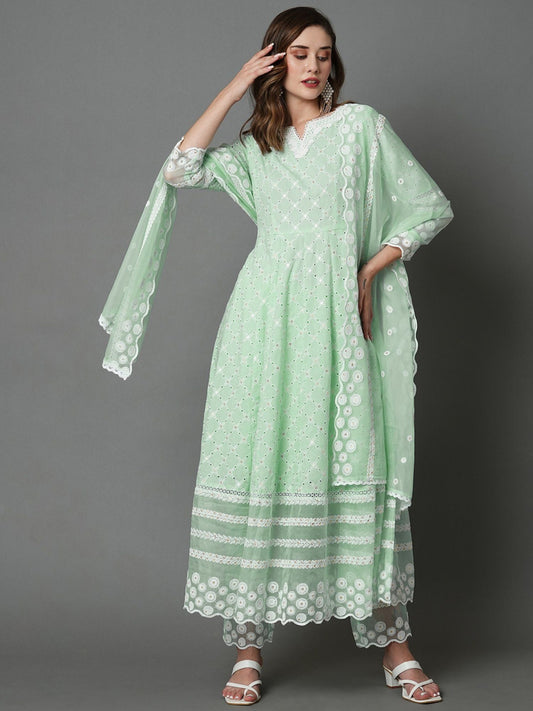 Heeposh Beautiful Schiffli Embroidered Anarkali with Soft Organza Dupatta (Set of 3)