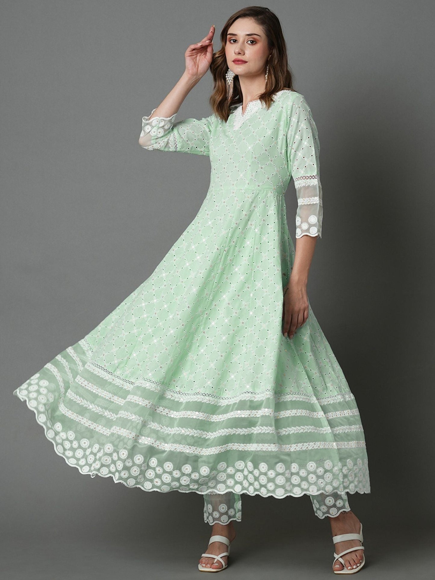 Heeposh Beautiful Schiffli Embroidered Anarkali with Soft Organza Dupatta (Set of 3)