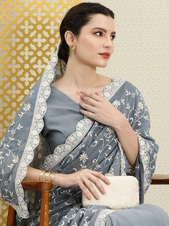 House of Pataudi Grey Floral Embroidered Chikankari Poly Georgette Saree