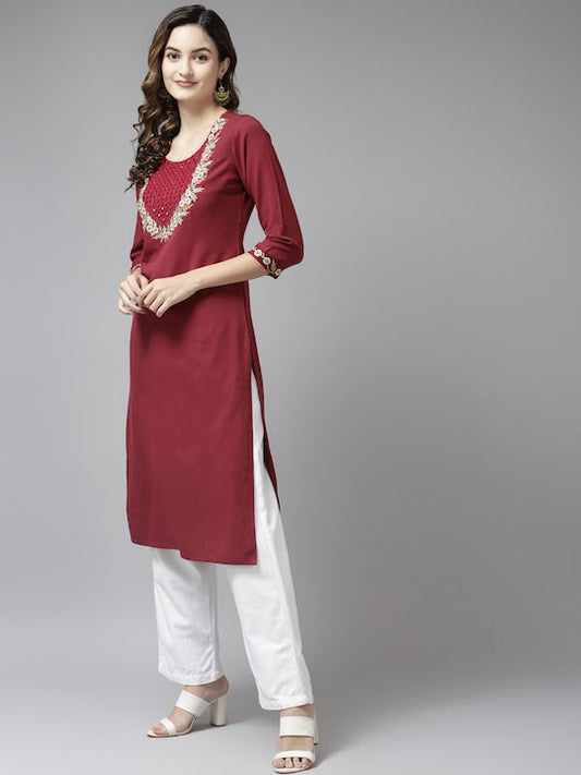 Yufta Women Maroon Yoke Design Mirror Work Kurta
