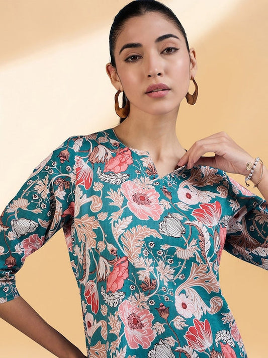 All about you Teal Blue Floral Printed Tunic With Trouser