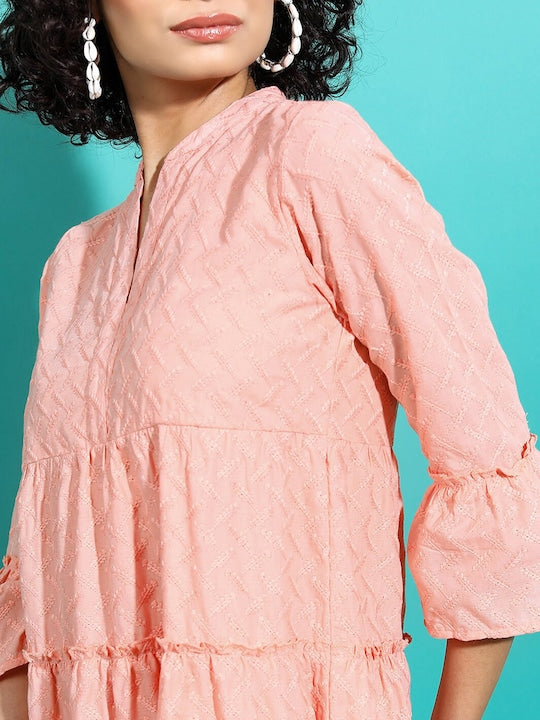 Vishudh Peach Coloured Embroidered Bell Sleeves Tiered A-Line Dress