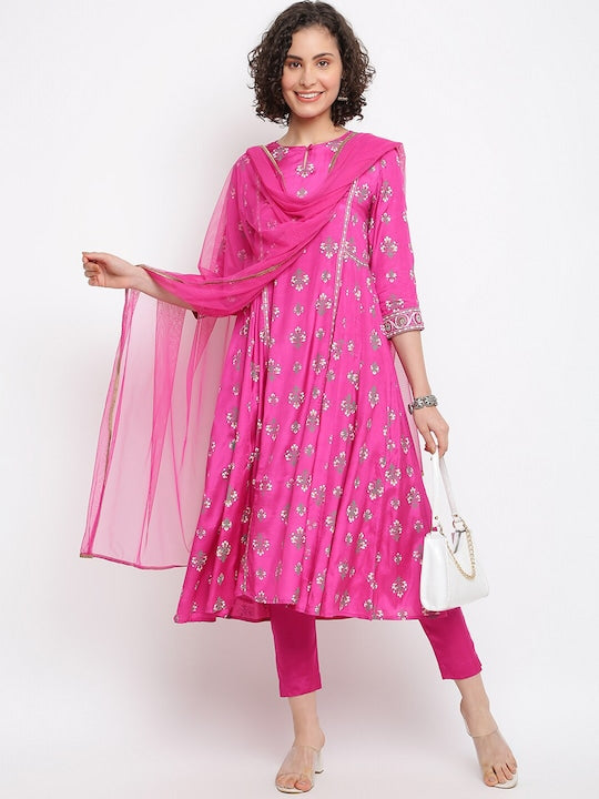 IMARA Floral Printed Anarkali Kurta with Churidar & Dupatta