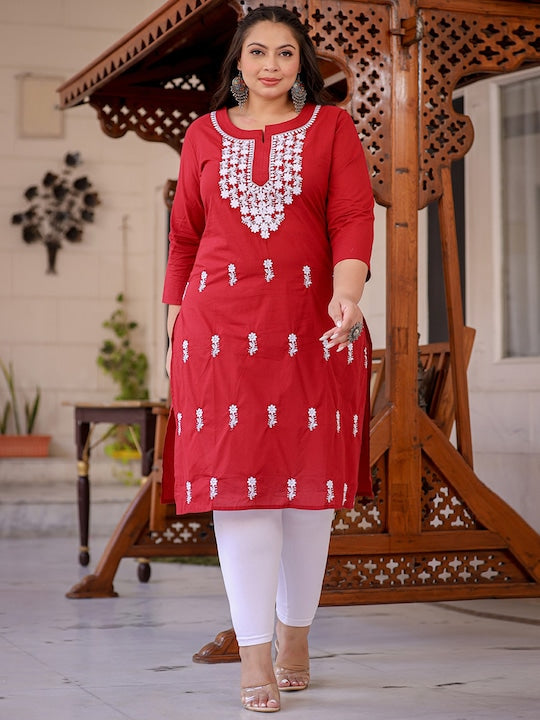 Yufta Plus Size Floral Embroidered Chikankari Pure Cotton Kurta