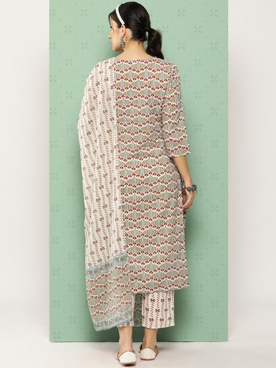 Yufta Women Ethnic Motifs Printed Regular Pure Cotton Kurta with Trousers & With Dupatta