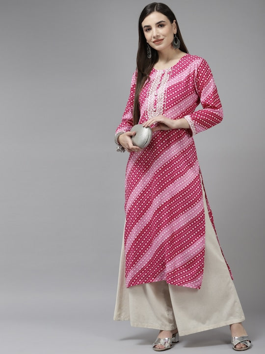 Yufta Women Pink & White Striped Embroidered Kurta