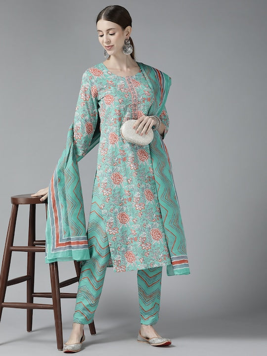 Yufta Women Turquoise Blue Floral Printed Sequinned Pure Cotton Kurta with Trousers & With Dupatta - M