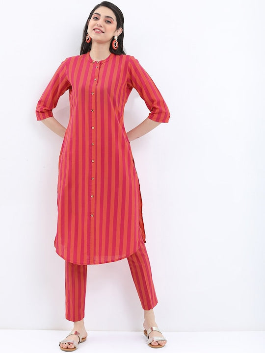 Vishudh Striped Mandarin Collar Cotton Kurta