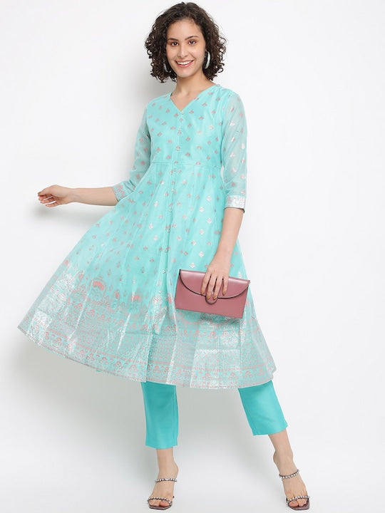 IMARA Floral Printed Chanderi Cotton Kurta with Trousers