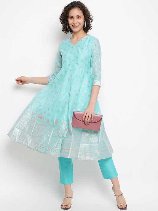 IMARA Floral Printed Chanderi Cotton Kurta with Trousers