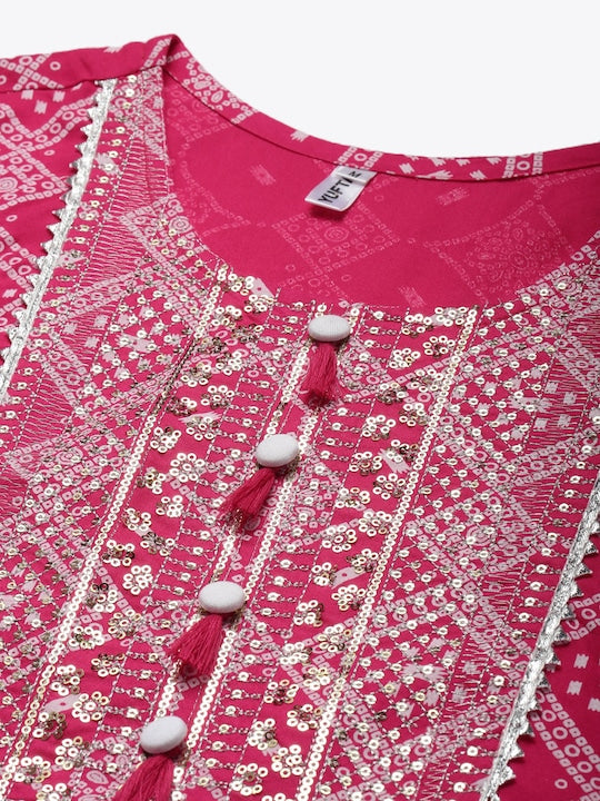 Yufta Women Fuchsia Pink & White Bandhani Sequinned Kurta with Trousers & With Dupatta