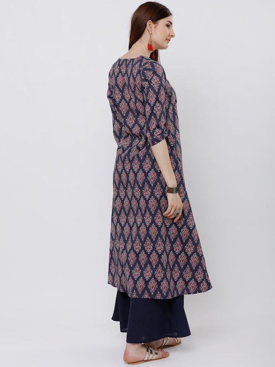 Vishudh Women Navy Blue and Pink Printed Layered A-Line Kurta