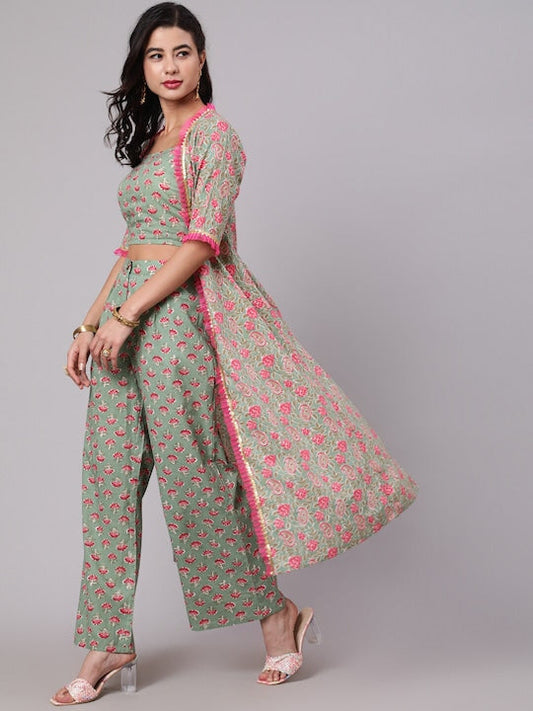 AKS Printed Pure Cotton Crop Top & Palazzos With Jacket