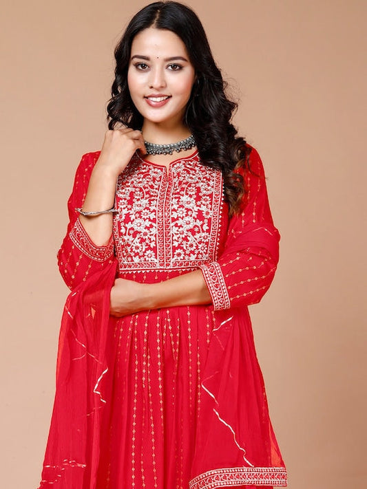 Here&now Floral Embroidered Mirror Work A-line Kurta With Trousers & Dupatta