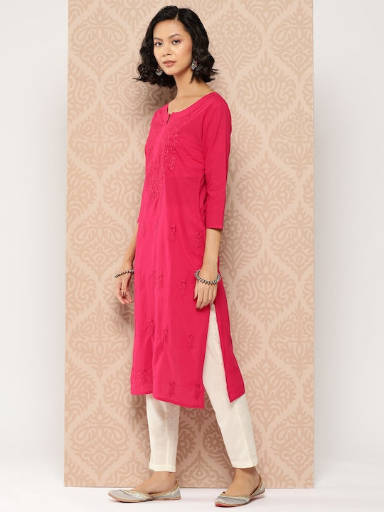 Yufta Floral Embroidered Chikankari Cotton Kurta Pink