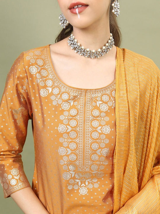 Vishudh Women Yellow Ethnic Motifs Yoke Design Kurti with Palazzos & Dupatta Set