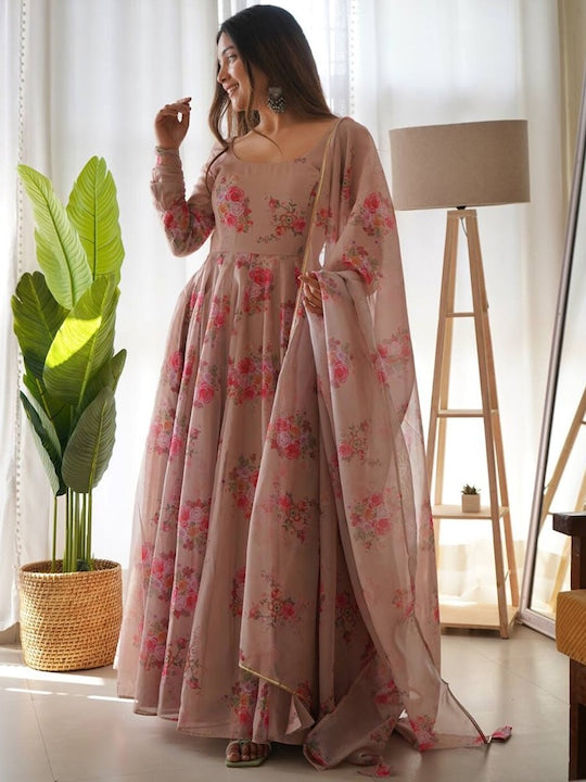 Fusionic Floral Printed Boat Neck Ethnic Dresses With Dupatta