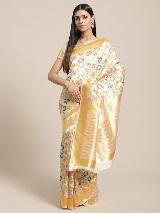 Saree mall Cream & Pink Floral Silk Blend Banarasi Sarees