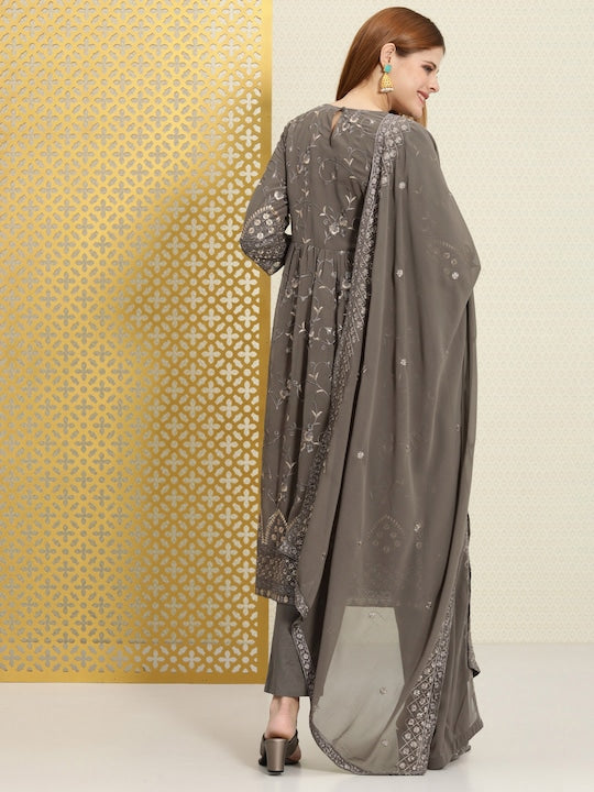 House of Pataudi Women Embroidered Jashn Kurta with Trousers & Dupatta Set