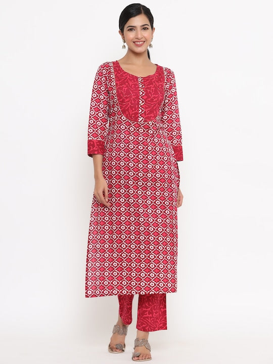 Yufta Women Pink Ethnic Motifs Printed Panelled Sequinned Pure Cotton Kurta with Churidar & With Dupatta