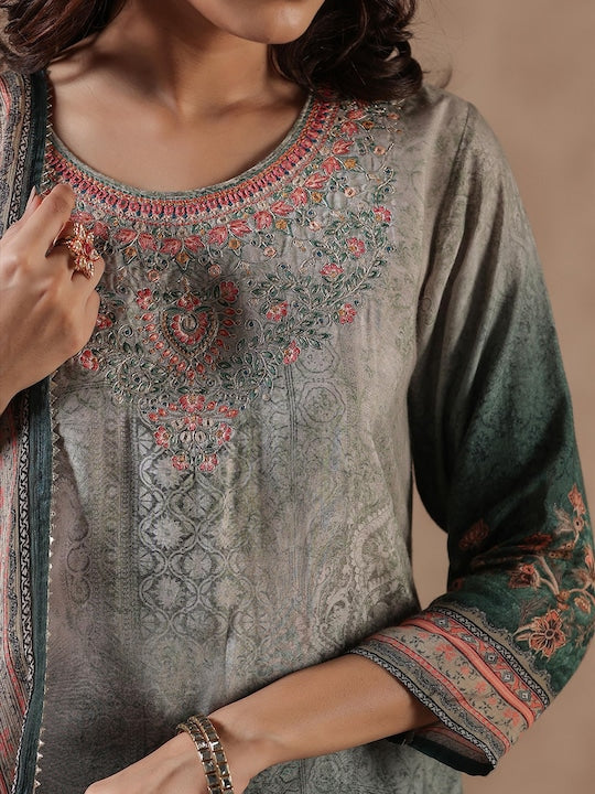 Scakhi Floral Printed Regular Mirror Work Kurta with Palazzos & With Dupatta