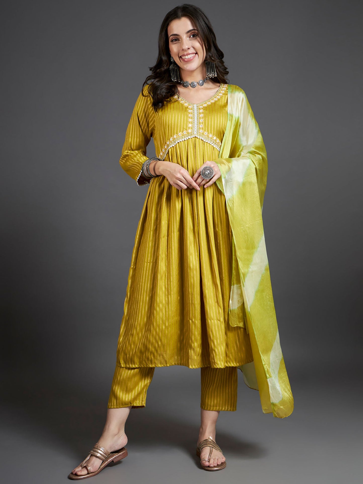 Heeposh Stripe Printed A-Line Kurta with Pant & Dupatta (Set of 3)