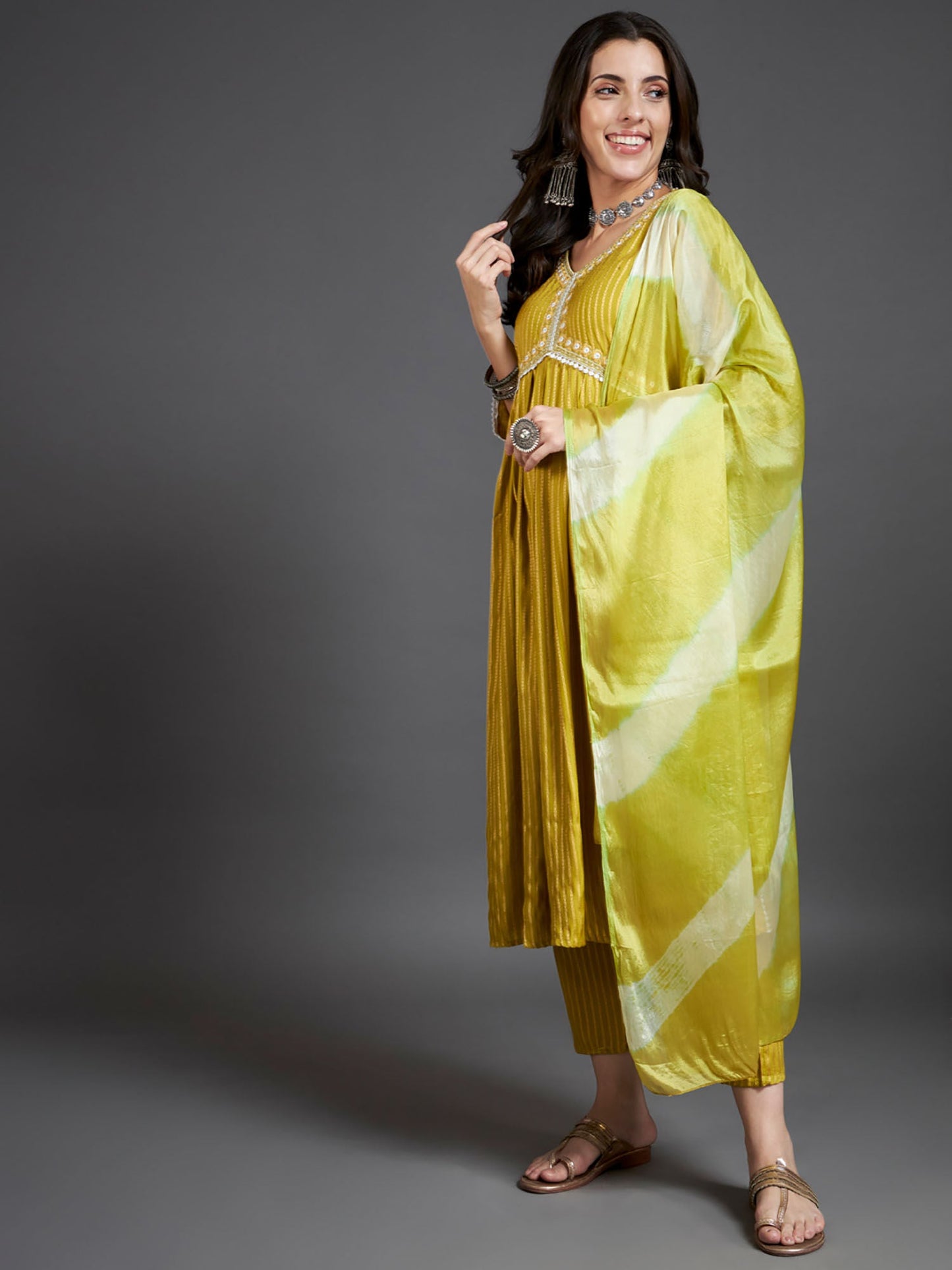 Heeposh Stripe Printed A-Line Kurta with Pant & Dupatta (Set of 3)