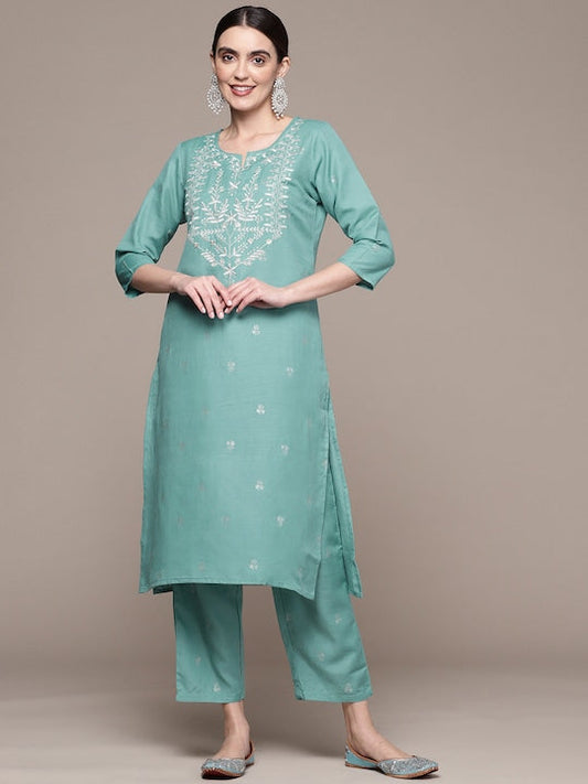 Anubhutee Women Ethnic Motifs Embroidered Thread Work Kurta With Trousers