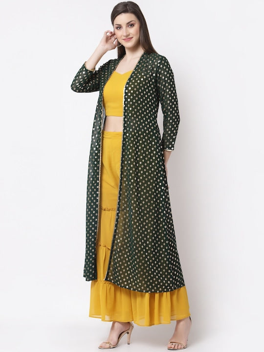 Myshka Women Green Ethnic Motifs Printed Layered Top with Sharara