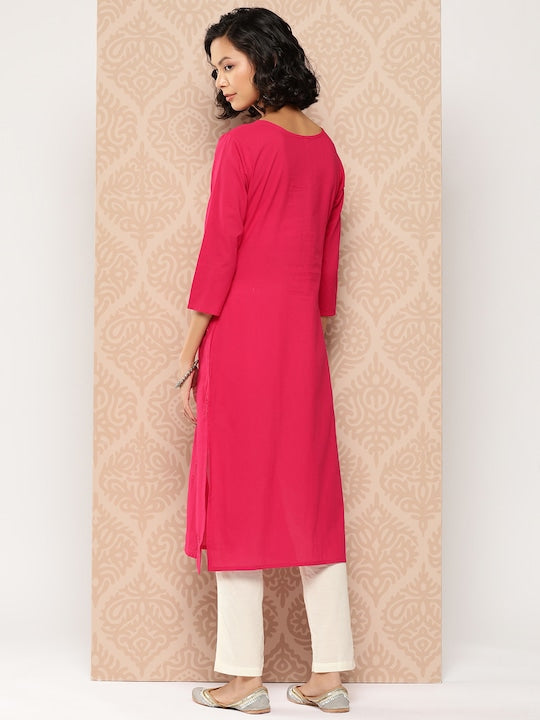 Yufta Floral Embroidered Chikankari Cotton Kurta Pink