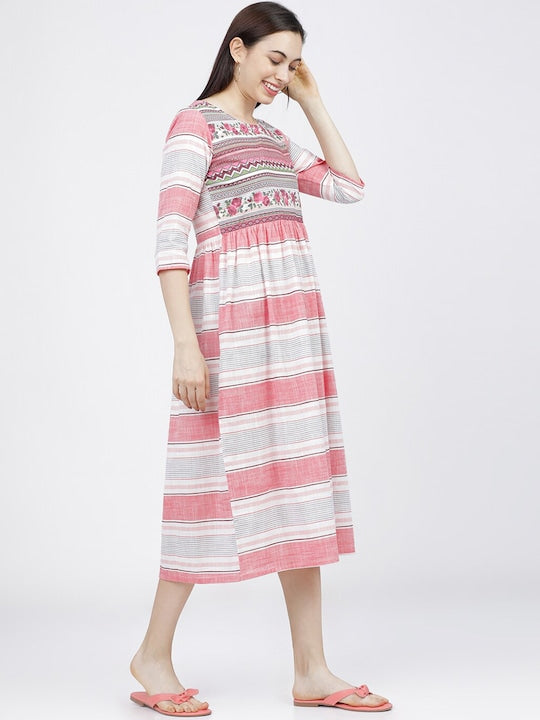 Vishudh Women Cream-Coloured Striped Fit & Flare Midi Dress