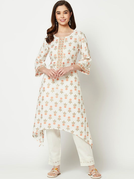 IMARA Floral Printed Flared Sleeves Thread Work Cotton Kurta
