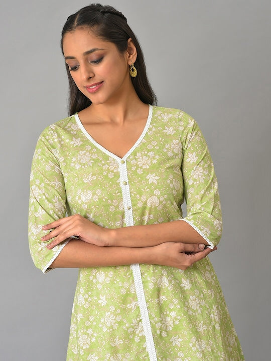 Aurelia Floral Printed Cotton V-Neck A-Line Kurta