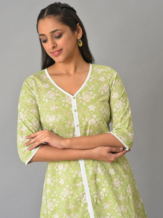Aurelia Floral Printed Cotton V-Neck A-Line Kurta