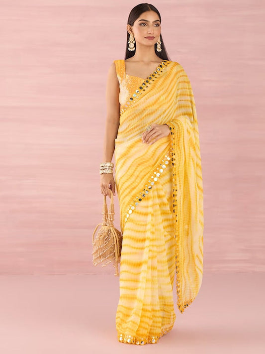 Satrani Yellow Striped Printed Mirror Work Leheriya Saree